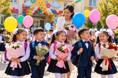 Білім күні: балабақша ауласында гүлдер мен шарлар ұстаған балалар